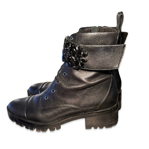 KARL LAGERFELD PARIS PAYSON JEWELED STRAP BLOCK HEEL COMBAT Boots BLACK 8,5 - Picture 3 of 9